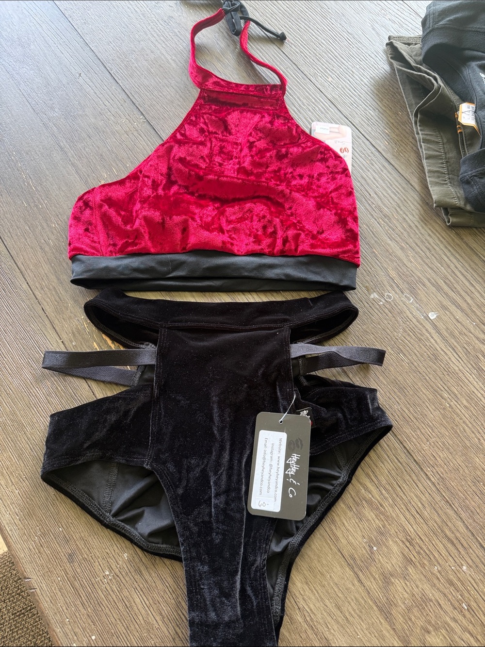 Velvet Two-Piece Halter Bralette & High-Waist Bikini or Dance Set - Red & Black